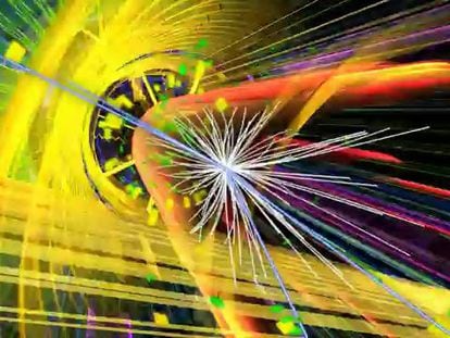 Animación de una colisión de protones en el LHC registrados en el detector ATLAS.