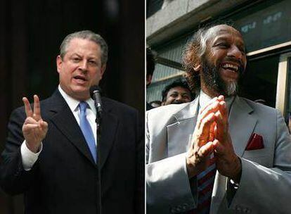 Al Gore, durante una intervención en México este verano. A la derecha, Rajendra Pachauri, presidente del IPCC, tras conocer la concesión del Nobel. 
/ AFP