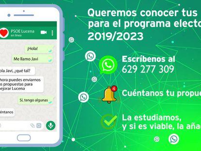Cartel promocional de la campaña del PSOE de Lucena (Córdoba) que promociona su canal de WhatsApp.
 