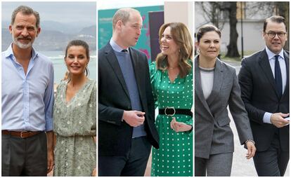 Desde la izquierda: Los reyes Felipe y Letizia; Guillermo de Inglaterra y Kate Middleton; y Victoria y Daniel de Suecia.