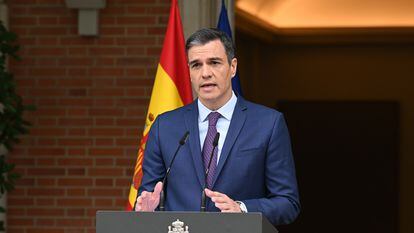 El presidente del Gobierno, Pedro Sánchez, este lunes durante el anuncio de convocatoria de elecciones para el 23 de julio.