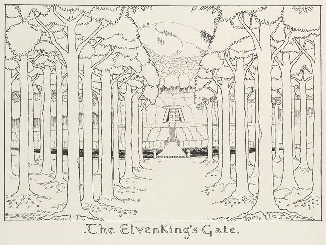Dibujo de Tolkien de 'La puerta del rey de los elfos', una avenida de altos árboles que se dirigen hacia un puente.