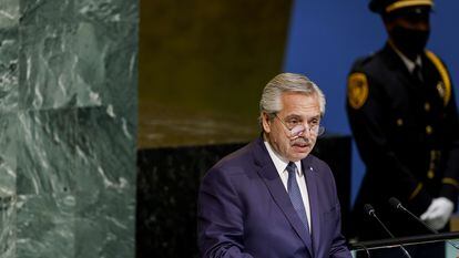 El presidente argentino, Alberto Fernández, en la Asamblea General de Naciones Unidas este martes en Nueva York.