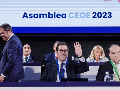 El presidente de la CEOE, Antonio Garamendi, durante la Asamblea General de la patronal de 2023.