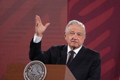 Andrés Manuel López Obrador, ofrece una rueda de prensa hoy, en el Palacio Nacional.