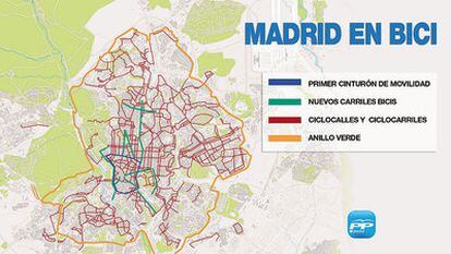 Mapa del Madrid en bici según las promesas hechas por Gallardón.