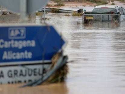 Señales de tráfico parcialmente sumergidas en una calle inundada después de fuertes lluvias en San Javier (Murcia), este viernes.