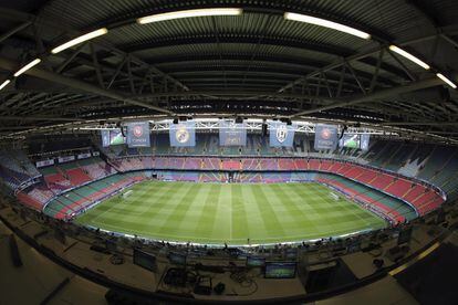Vista general del estadio Nacional en la víspera de la final de la Liga de Campeones entre el Real Madrid y el Juventus, en Cardiff, Reino Unido.