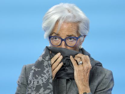 La presidenta del BCE, Christine Lagarde, durante la rueda de prensa de este jueves en Fráncfort.