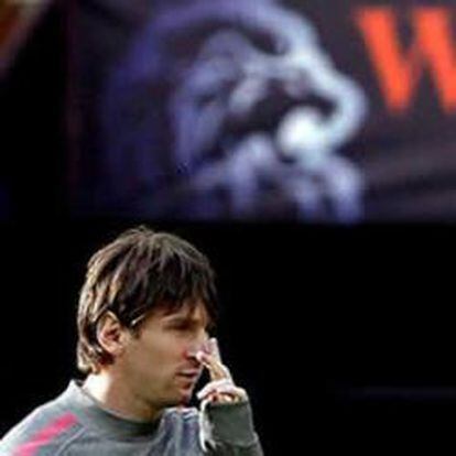 El delantero argentino del FC Barcelona, Lionel Andres Messi, durante el entrenamiento que el equipo ha realizado en el estadio de Wembley
