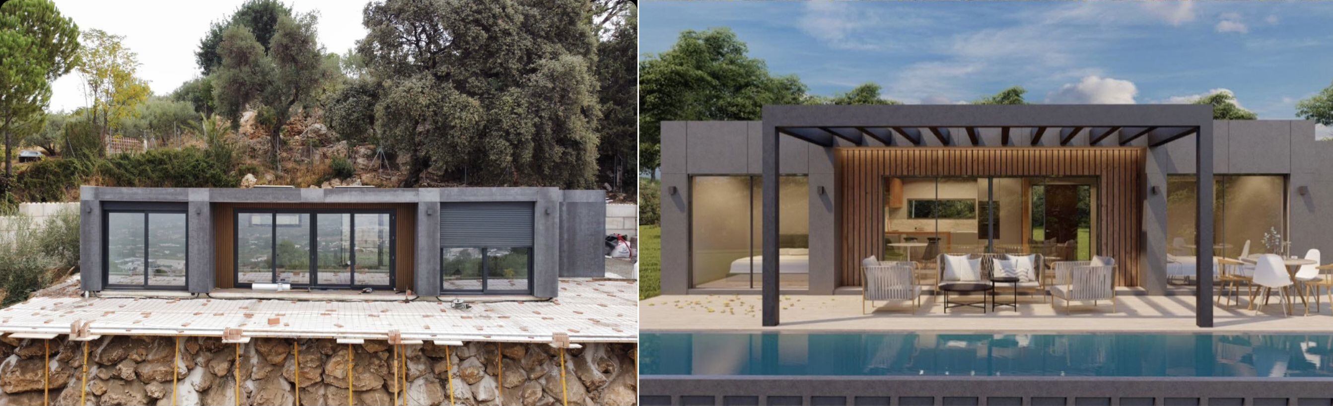Casa contenedor que J&J Containers está construyendo en Benalmádena (Málaga) para una familia que la va a usar como su residencia habitual. A la derecha, la imagen de cómo quedará la vivienda. 