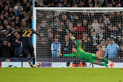 Rudiger scores the final penalty against Ederson, Manchester City goalkeeper.