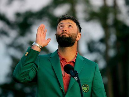 Golf - The Masters - Augusta National Golf Club - Augusta, Georgia, U.S. - April 9, 2023
Spain's Jon Rahm thanks the late Seve Ballesteros during his speech after winning The Masters REUTERS/Brian Snyder