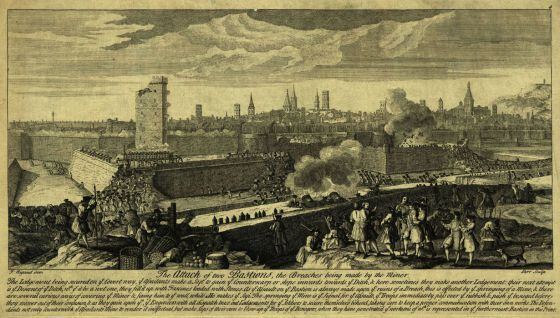 El asedio de esta zona de Barcelona en 1714 en un grabado de Jacques Rigaud. En primer plano el baluarte de Santa Clara y la torre de San Juan, a la derecha el baluarte del Portal Nou.