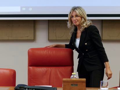 La líder de Sumar, Yolanda Díaz, preside la reunión del Grupo Parlamentario Plurinacional de la coalición en el Congreso en Madrid, este miércoles.