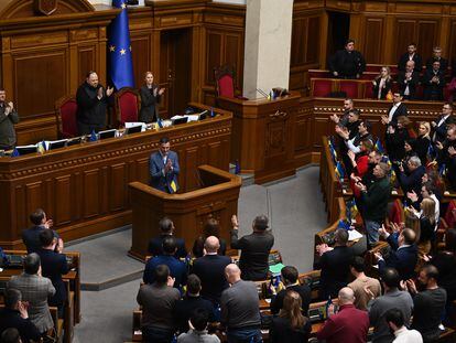 Pedro Sánchez, durante su intervención este jueves ante el Parlamento ucraniano, dentro de la visita efectuada este jueves a la ciudad de Kiev.
