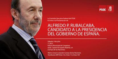 Invitación del PSOE al acto de proclamación de Pérez Rubalcaba.