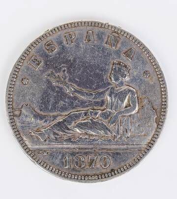 Moneda de cinco pesetas emitida por el Gobierno provisional en 1870.