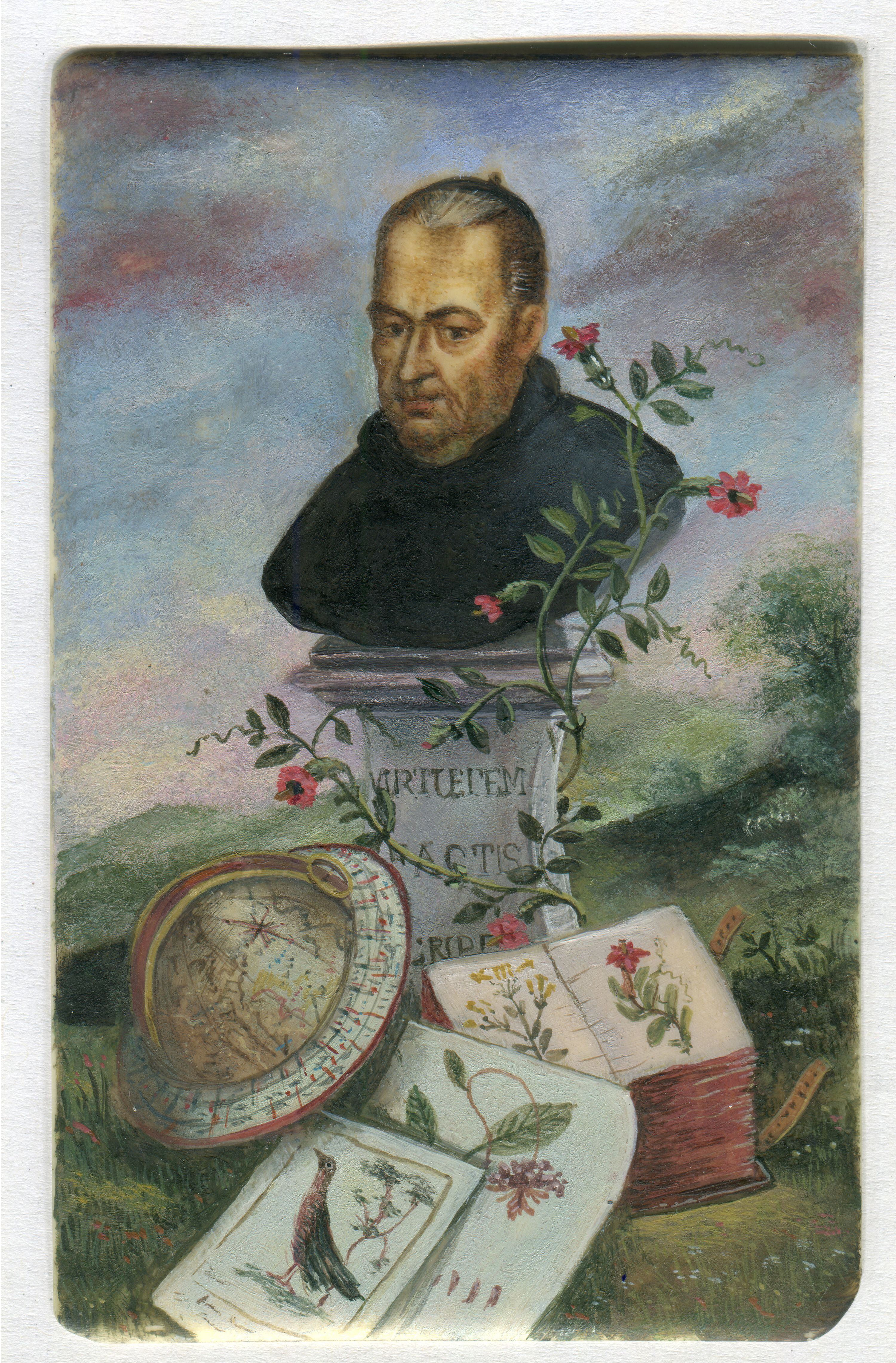Retrato alegórico del sacerdote y botánico José Celestino Mutis. Atribuido a Salvador Rizo. Miniatura sobre marfil. 1808.
