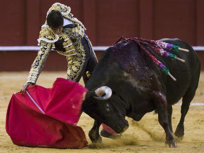 Perera, en la faena a su segundo, al que cort&oacute; ayer una oreja en M&aacute;laga.