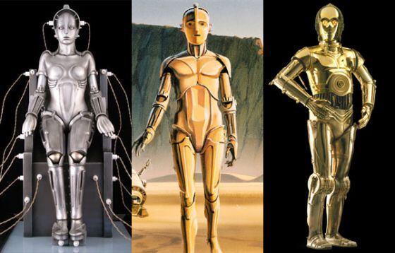 El robot de 'Metropolis' (izquierda); uno de los primeros diseños de McQuarrie para C3PO (centro) y el androide definitivo de 'Star Wars'