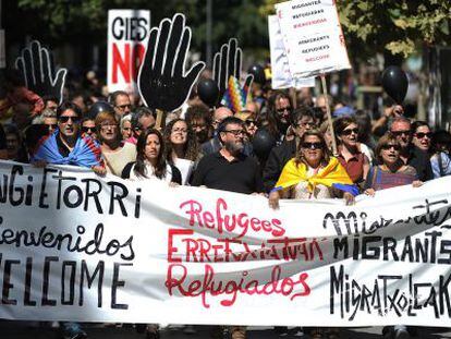 Una manifestaci&oacute;n de apoyo a los refugiados, este domingo en Pamplona.