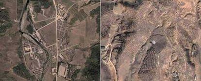 Imágenes de Google Earth de un campo de trabajo, a la izquierda, y las fosas comunes donde se enterraron a miles de personas tras la hambruna de los noventa en Corea del Norte.