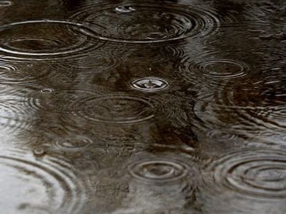 Gotas de lluvia cayendo en un charco, en Madrid. 