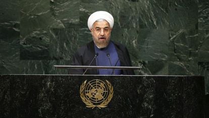 El presidente iraní, Hasán Rohani, ante la Asamblea General de las Naciones Unidas este jueves.