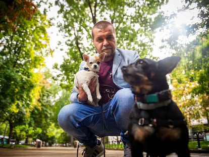 Sergio García Torres, director general de Derechos de los Animales, el pasado jueves en el paseo del Prado con sus dos perritas, Carmina (negra) y Rosi (blanca).