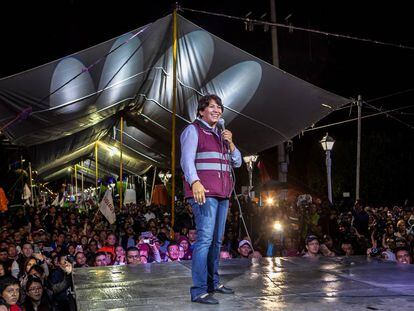 Delfina Gómez, durante su cierre de campaña en Texcoco.
