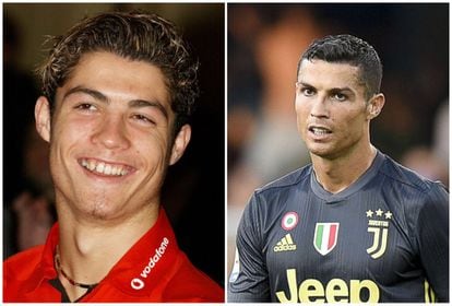 <strong>¿Quién es?</strong> El jugador de futbol portugués, y último fichaje de la Juventus de Turín, Cristiano Ronaldo. <strong>¿Qué ha hecho?</strong> Antes de que pudieras identificar al ex jugador del Real Madrid (CR7) con unas simples iniciales; incluso mucho antes de ser la cara de los cromos de futbol y los posters de 'Superpop' a mediados de los 2000, Cristiano Ronaldo era un niño normal. Un chaval de barrio portugués con acné y dientes torcidos. Su carrera empezó en el Sporting de Lisboa en 2002 y con el traspaso al Manchester United en 2003 llegó su primera ortodoncia. En toda su evolución, este obseso de la perfección nunca ha tenido un pelo normal: lo hemos visto con mechas descoloridas, con ‘mullet’, cresta y mucho exceso de gomina. Su cuerpo es el resultado de muchas horas machacándolo, un entrenamiento que produce mareos en el resto de los mortales: abdominales, dominadas, cinta, bici bajo el agua… “Mi físico no es casualidad, trabajo horas extra fuera del campo. Cuando tenía 12 años la gente me decía: Cristiano, eres un jugador muy talentoso pero eres muy flaco. Entonces me mentalicé de que podía mejorar mi cuerpo”, explicaba al diario 'AS' en marzo de 2018. En la imagen, Cristiano Ronaldo en Londres, como jugador del Manchester United en 2003, y (a la derecha) Cristiano Ronaldo este año como jugador de la Juventus.