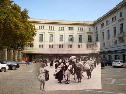 El fotògraf presenta, amb la tècnica de la refotografía, una imatge de l'emigració de la postguerra a Barcelona.