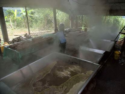 Un hombre revuelve el jugo de caña de azúcar en una plantación en Boyaca, Colombia.