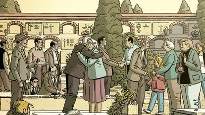 Ilustración exclusiva para 'Babelia', adaptada del cómic 'El abismo del olvido', con su protagonista, Pepica Celda, abrazando a su padre José, represaliado por el franquismo.