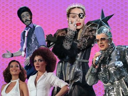 Algunos de los artistas que han causado controversia en el escenario de Eurovisión: Rodolfo Chikiliquatre, Madonna, las dos chicas de la banda Stepgane & 3G, de Georgia, y el ucraniano Verka Serduchka.