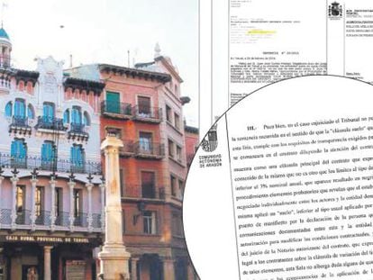La sede de Caja Rural de Teruel, a la izquierda, y un detalle de la sentencia de la Audiencia Provincial que avala su cláusula suelo.