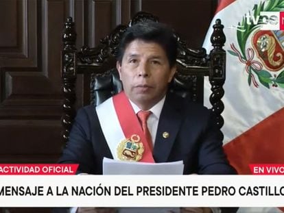 Pedro Castillo, presidente destituido por el Congreso de Perú, durante su alocución a la nación este miércoles 7 de diciembre.