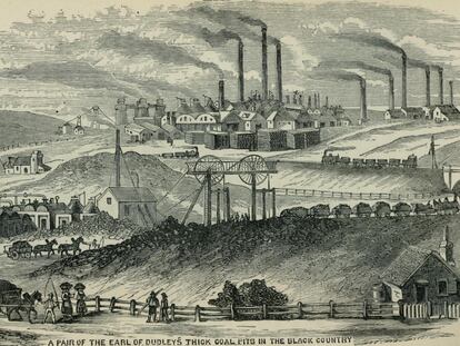 Esta ilustración que muestra la creciente industrialización y urbanización de Gran Bretaña durante la Revolución Industrial es de 1873, pero dos siglos antes ya se había iniciado el proceso industrializador.