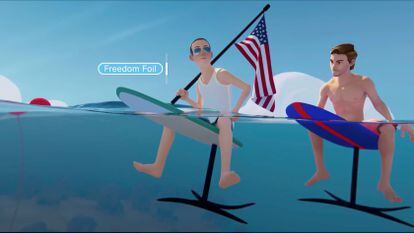 Un avatar de Mark Zuckerberg con una bandera de EE UU se dispone a montar un hydrofoil. La imagen se ha tomado de la presentación del pasado jueves.