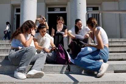 Students review their notes at the Complutense University of Madrid, this Monday.