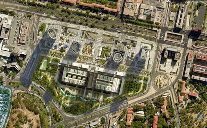 La superficie del solar, situado en el paseo de la Castellana 259, es de 66.972 metros cuadrados. Se trata de una parcela propiedad del Ayuntamiento de Madrid que ha otorgado una concesión por 75 años.