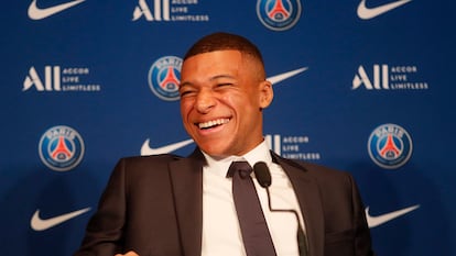 Kylian Mbappe durante la rueda de prensa de este lunes.