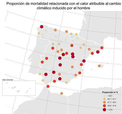 El mapa muestra el riesgo relativo de morir por calor antropogénico en las principales ciudades españolas.