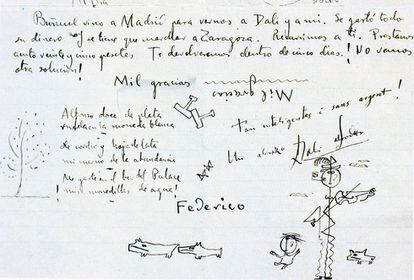 Manuscrito histórico escrito por Dalí y Lorca donde se puede leer: "Buñuel vino a Madrid para vernos a Dalí y a mi. Se gastó todo su dinero y se tiene que marchar a Zaragoza. Recurrimos a ti. Préstanos 125 pesetas. Te lo devolveremos dentro de cinco días. No vemos otra solución! Mil gracias. Federico. Dalí".