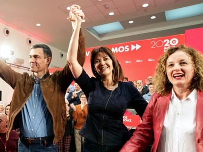 Pedro Sánchez e Idoia Mendia en un acto del PSOE el 1 de marzo en Bilbao.