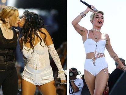 La transformación de Miley Cyrus (Nashville, 22 años) de niña Disney que surgió en la serie 'Hannah Montana' a símbolo pop provocador ha sido veloz y sorprendente. Por el camino, la cantante ha cogido de aquí y de allá para formar su propia personalidad. Hemos descubierto algunos de sus referentes.  Ser una reina del pop y mantenerse en la cima es un deporte de riesgo. Christina Aguilera, que como Miley Cyrus también fue chica Disney, experimentó la alta competición durante varios años. En la gala de MTV de 2003, Aguilera, junto con Madonna y Britney Spears, protagonizó el beso a tres bandas más famoso de la cultura pop. Para aquella ocasión, Aguilera –al igual que Spears– se vistió con un 'body' de encaje, unos pantalones 'short' y multitud de collares de perlas. Todo en blanco inmaculado. El modelo de ambas era la versión renovada de aquel traje de novia punk que lució Madonna en el vídeo de 'Like a virgin' en 1984. En 2013, Miley Cyrus emuló a las reinas del pop con un atuendo similar en el festival iHeart Radio de Las Vegas.