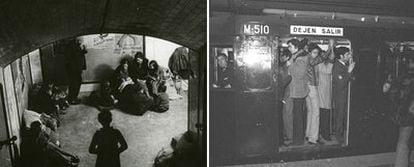 Un grupo de personas se refugia en un pasillo del metro de los bombardeos de la Guerra Civil. En la imagen de la derecha, aglomeración de viajeros en un vagón en 1978.