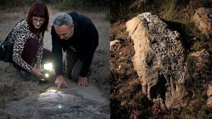 Elisa Rivero y Ernesto Rodrigo, ante uno de los petroglifos hallados. A la derecha, otro de ellos.