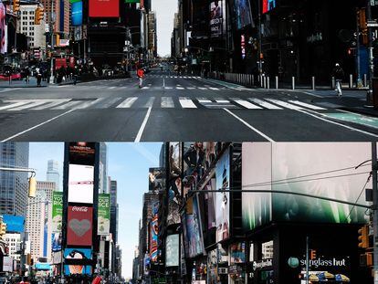 Times Square, en Nueva York, vacío el 22 de marzo de 2020, y el pasado viernes.